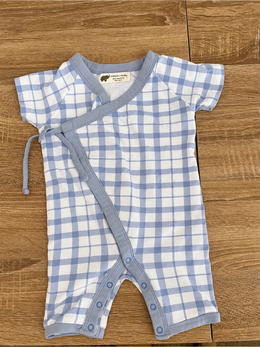 Monica + Andy Baby Gingham Kimono Romper 3-6M Organic Cotton Blue White
